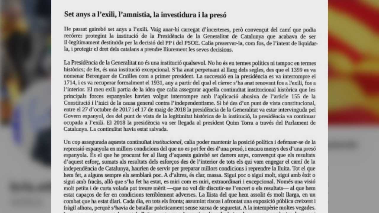 Carta publicada en X por Carles Puigdemont este sábado tras o acordo PSC-ERC-Comúns