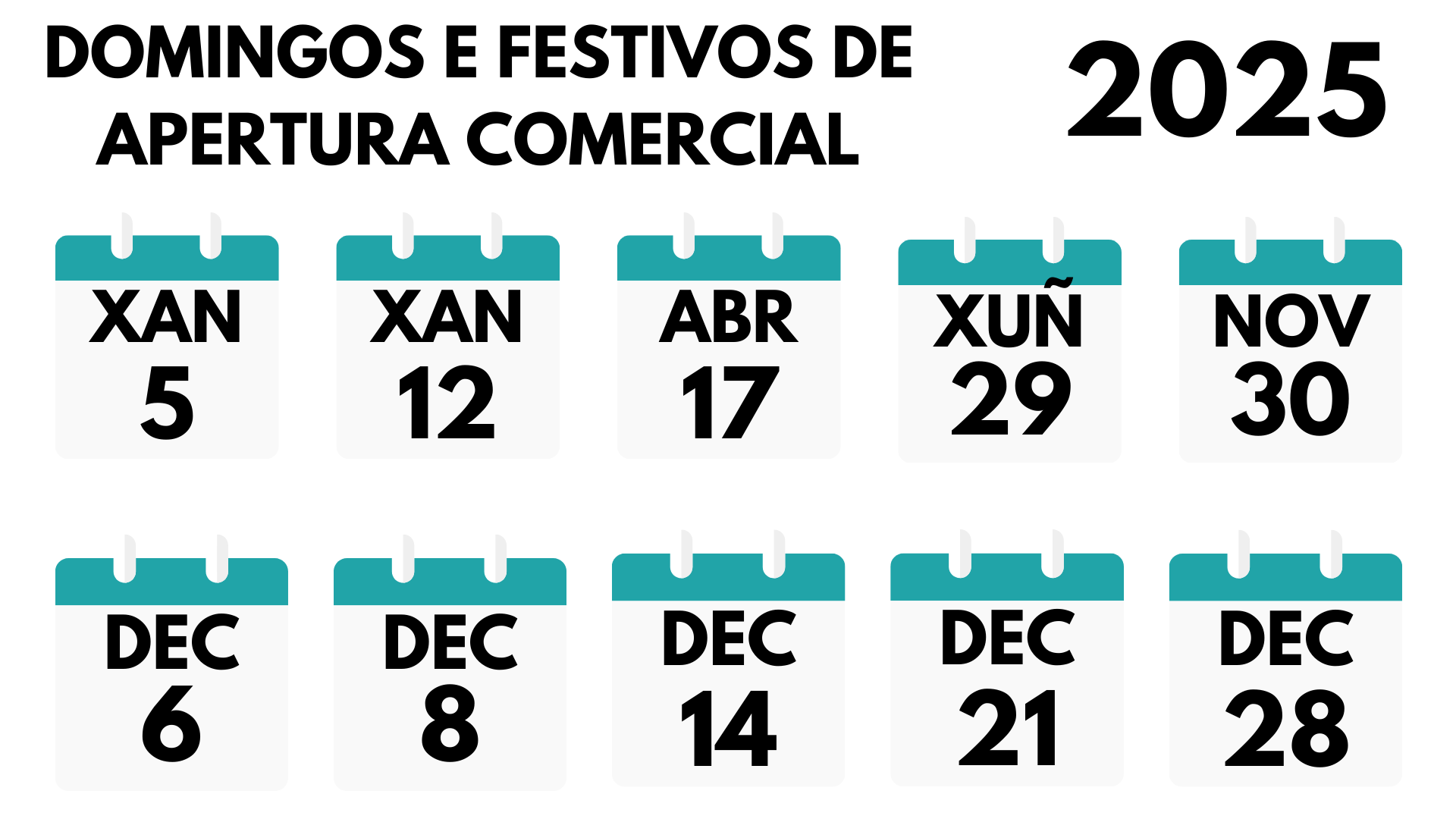 Calendario de domingos e festivos de apertura comercial en 2025