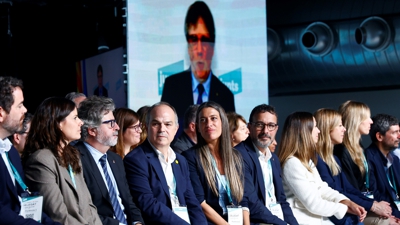 Un momento da intervención telemática de Puigdemont este domingo. EFE/Quique García